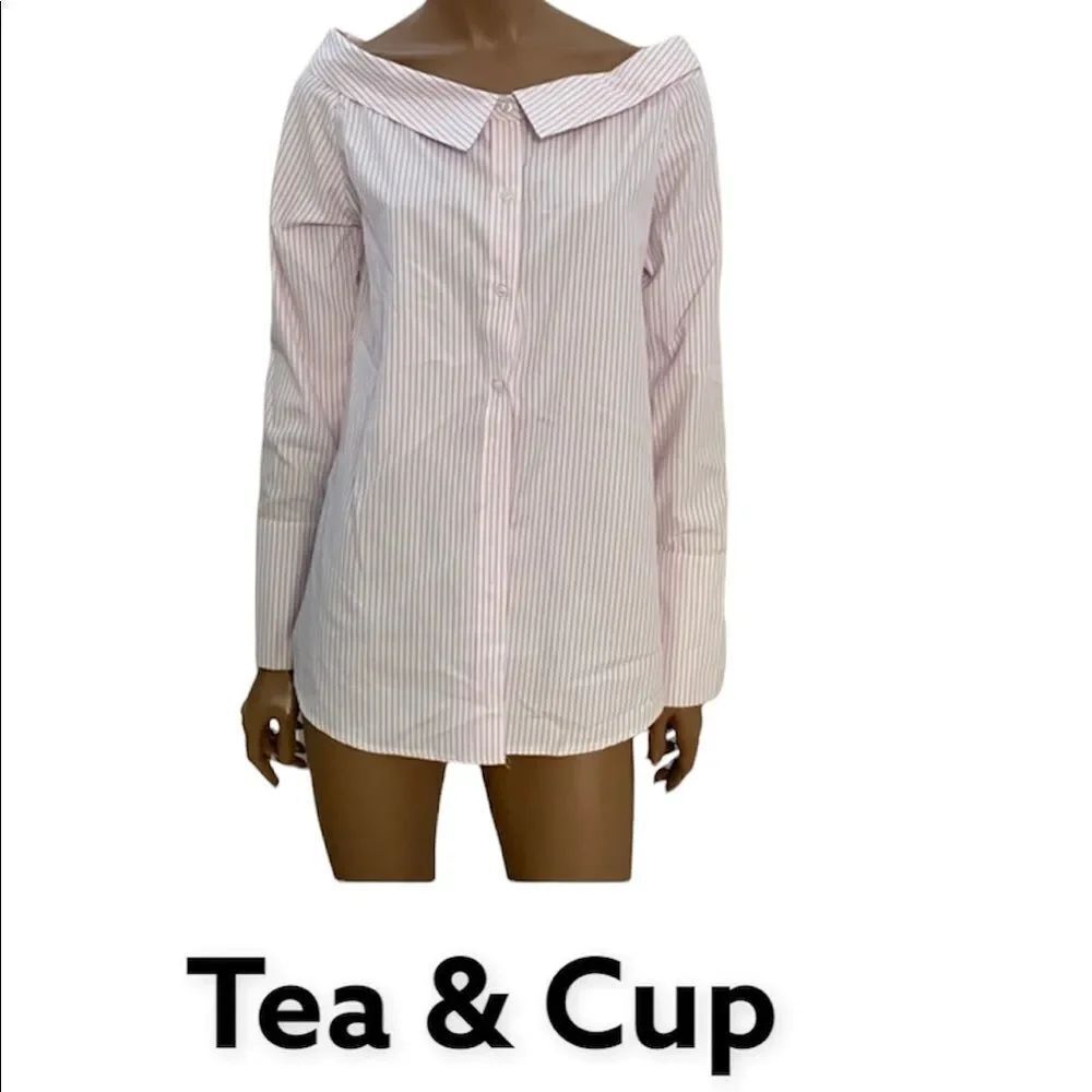Tea & Cup White Pink Striped Collared Long Sleeve Cotton Top S